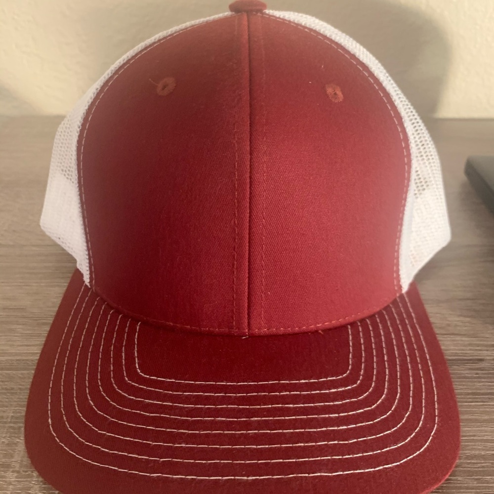 Red and White snap back curved bill